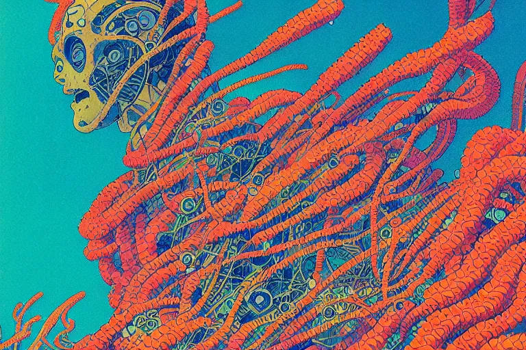 Image similar to risograph grainy drawing vintage sci - fi, satoshi kon color palette, gigantic gundam full - body covered in iridescent dead coral reef 1 9 6 0, kodak, with lot tentacles, natural colors, codex seraphinianus painting by moebius and satoshi kon and dirk dzimirsky close - up portrait