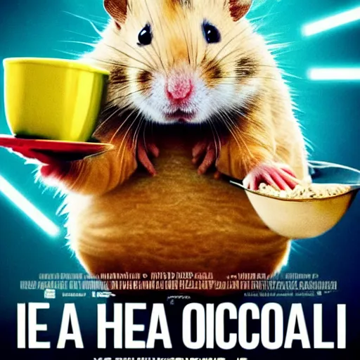 Image similar to an epic movie poster of a movie where a homeless hamster eats so much oatmeal he becomes obese, extremely fat hamster