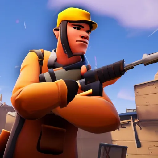 Image similar to scout from team fortress 2 as a fortnite character, gameplay screenshot