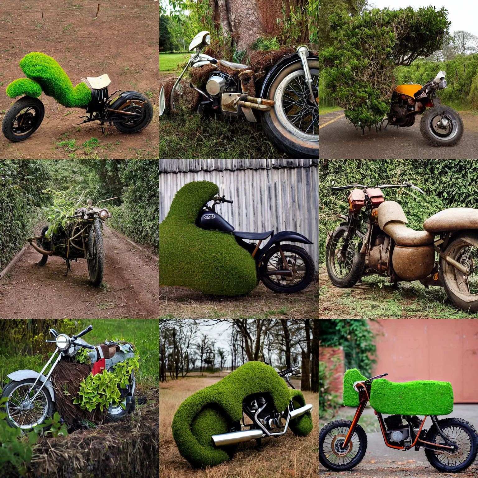 Prompt: a bush cut into the shape of a motorbike, photograph