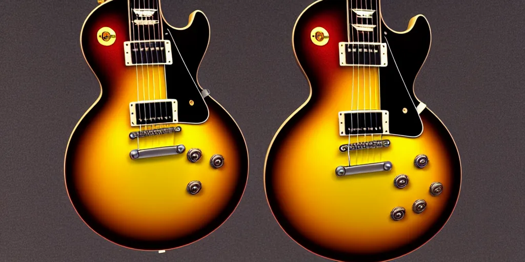 Image similar to award winning photograph of a gibson les paul vintage sunburst, 3 d hyperrealistic 8 k image style, detailed render, stunning studio photograph with dramatic lighting, depth of field