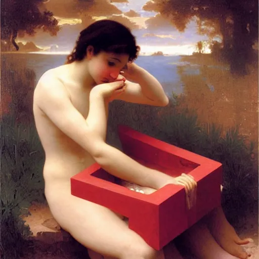 Image similar to Angel crying on top of a red cube made out of water, tears falling from eyes, oil painting by William-Adolphe Bouguereau