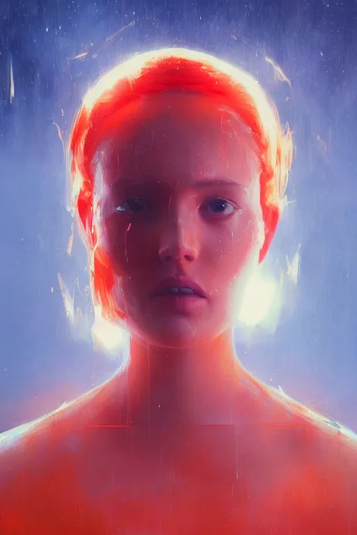 Image similar to 3 d, sci - fi, morning, sleepy fashion model face, sun, cinematic, lightning clouds, vogue cover style, stanley kubrick, light red and deep orange mood, realistic painting, intricate oil painting, high detail, figurative art, multiple exposure, poster art, 3 d, by tooth wu and wlop and beeple and greg rutkowski