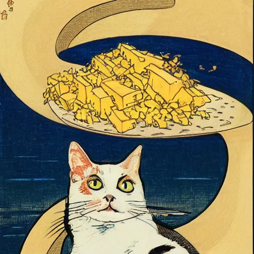 Prompt: a cat sitting on a rocketship headed for the moon made of cheese, by hokusai and george bellows