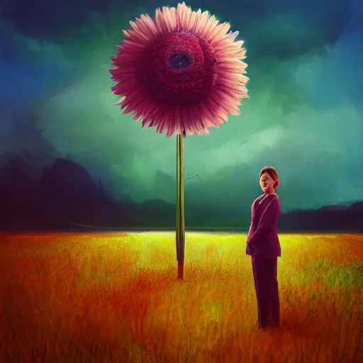 Image similar to giant daisy flower head, standing, a girl in a suit, surreal photography, sunrise, dramatic light, impressionist painting, digital painting, artstation, simon stalenhag