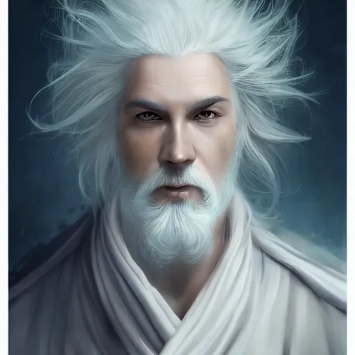 Image similar to white haired robe fu xi full male body portrait, sit upright on the ground, very long white beard and hair, long hair shawl, fine kindness delicate prefect face features gaze, piercing eye, elegant, style of tom bagshaw, cedric peyravernay, peter mohrbacher, victo nga, 4 k hd illustrative wallpaper, animation style, chinese style