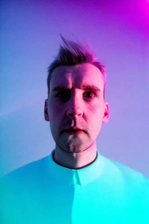 Image similar to high quality pastel coloured film wide angle selfie photograph of a plain male cyber boy standing in an icelandic black rock environment. sarcastic expression. three point light. photographic. art directed. pastel colours. volumetric light. stark. waves glitch. 8 k. filmic.