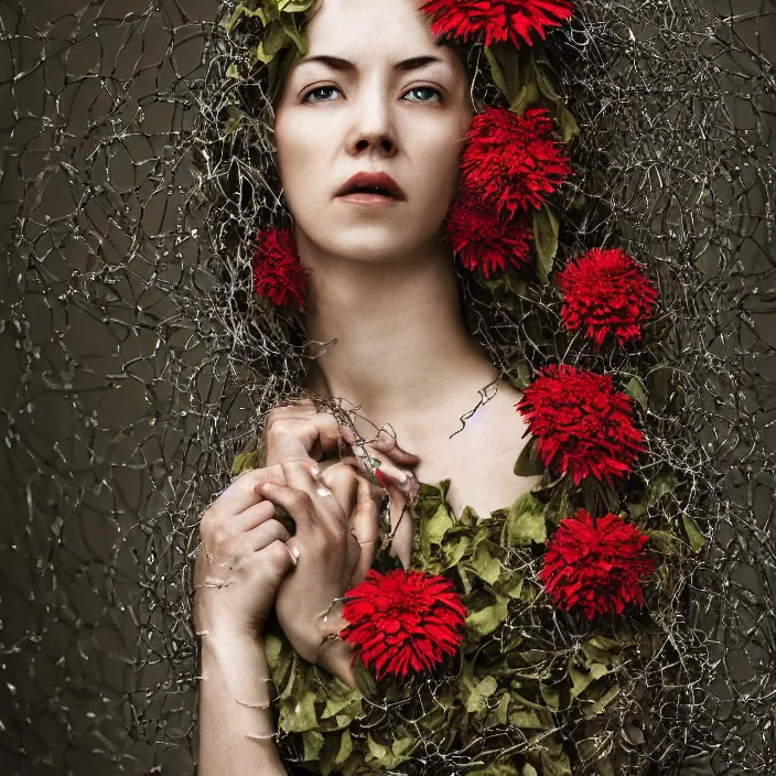 Prompt: a woman wearing a hooded cloak made of zinnias and barbed wire, in a derelict house, by Zhang Jingna, natural light, detailed face, CANON Eos C300, ƒ1.8, 35mm, 8K, medium-format print