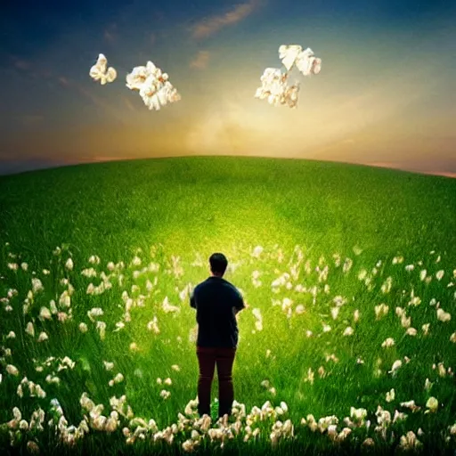 Image similar to man stands on a meadow made of popcorn, fantasy art