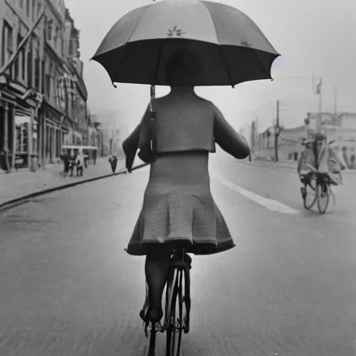 Prompt: 1 9 2 0's style photograph, lady wearing light blue dress, crossing road, holding umbrella, bicyclist riding by