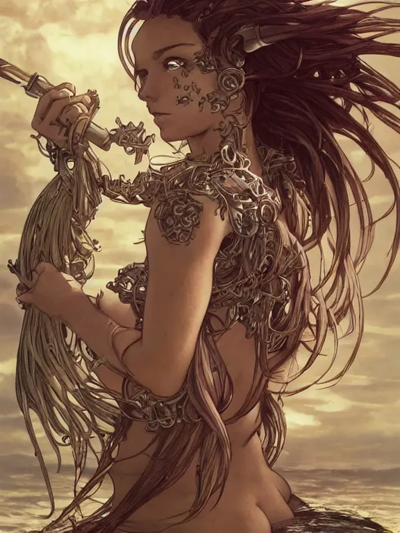 Image similar to full body picture of a warforged mermaid looking at the camera, cynical, bored, beautiful and aesthetic, intricate, unreal engine, messy hair, highly detailed, detailed face, smooth, sharp focus, chiaroscuro, manga illustration, artgerm, greg rutkowski, alphonse mucha, young adult light novel cover art