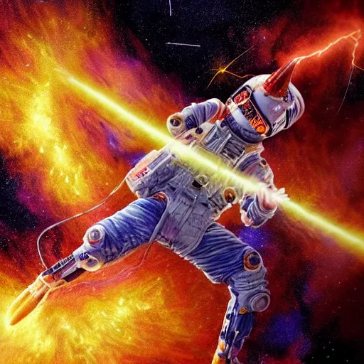 Prompt: UHD closeup of a Photorealistic cosmic clown playing sparking electric guitar in a lightning storm on Mars, with a cool pose, by Antonio Caparo and Ferdinand Knab and Greg Rutkowski, UHD, photorealistic, trending on artstation, trending on deviantart