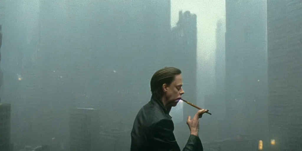 Image similar to beautiful cinematic film still of steve buscemi smoking a cigarette on a building top overlooking the rainy city in blade runner, 4 k