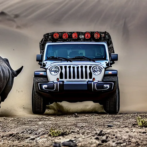 Prompt: a photo of a rhinoceros driving a jeep Wrangler, detailed, 4k