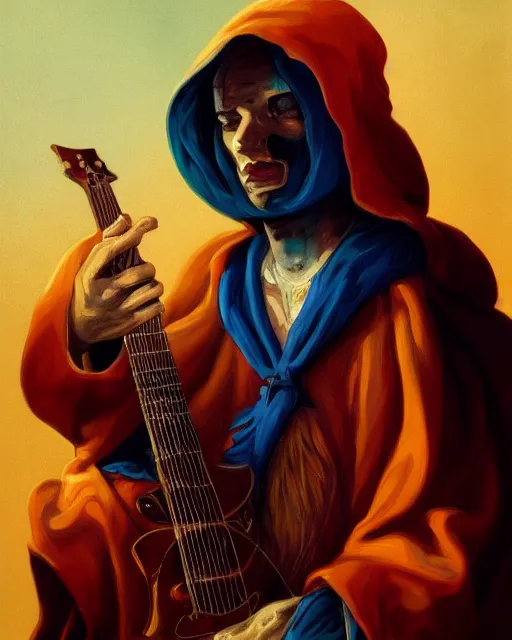 Image similar to colorful baroque portrait of a shadowy man wearing a hooded cloak, playing a guitar, gallery art by peter mohrbacher, artstation, artgate