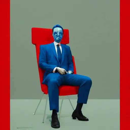 Image similar to a politician in a blue suit and red tie in an electric chair, mcdonalds french fries, beksinski, dariusz zawadzki, symmetrical, very coherent symmetrical artwork, cinematic, hyper realism, high detail, octane render, 8 k