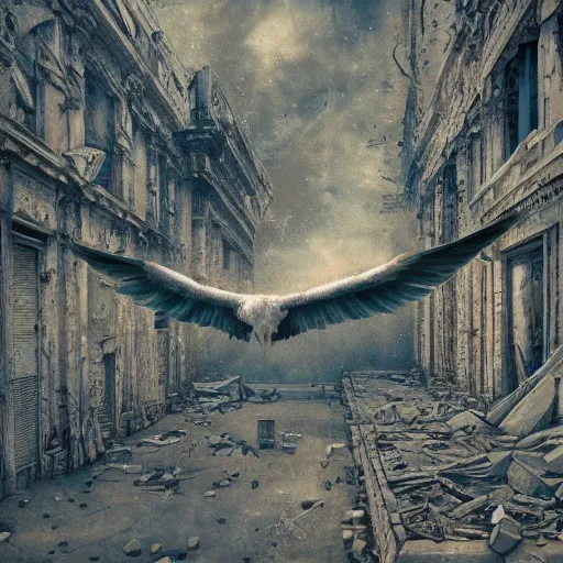 Prompt: bird flying through the center of a post apocalyptic radiated ruined city, surrealism, deep aesthetic, abstract realism, highly ornate intricate details, 1 9 2 0's colored pencil, 4 k, cinematic lighting,