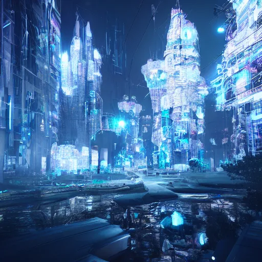 Image similar to crystal tree splash cyberpunk, extremely gloomy lighting, shining light and shadow, atmospheric, cinematic, unreal Engine, trending artstation hyperdetailed 8K