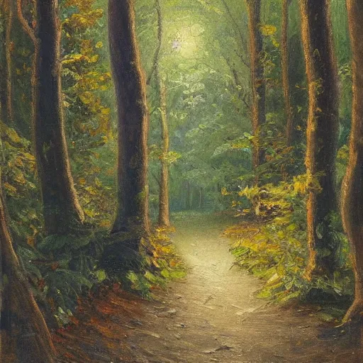 Image similar to a painting of a path through a forest, an oil painting by John Fabian Carlson, featured on Artstation, american scene painting, rim light, oil on canvas, flickering light