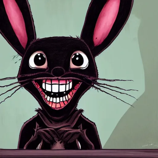 Image similar to A extremely highly detailed majestic hi-res beautiful, highly detailed head and shoulders portrait of a scary terrifying, horrifying, creepy black cartoon rabbit with scary big eyes, earing a shirt laughing, hey buddy, let's be friends, in the art style of Walt Disney