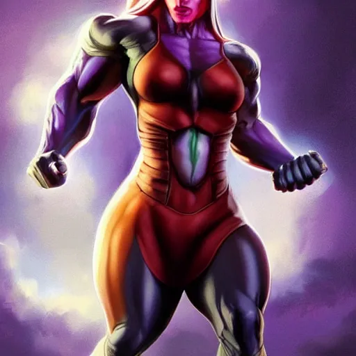 Image similar to thanos as a feminine beautiful muscular fitness model dressed as a battle nun, red lips, attractive, highly detailed full body portrait, pretty face, elegant, breathtaking art, concept art, by artgerm and ilya kuvshinov