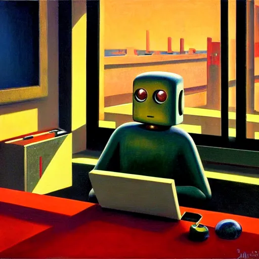 Image similar to a mesmerized robot staring at a computer screen, portrait, pj crook, grant wood, edward hopper, syd mead, chiaroscuro, oil on canvas