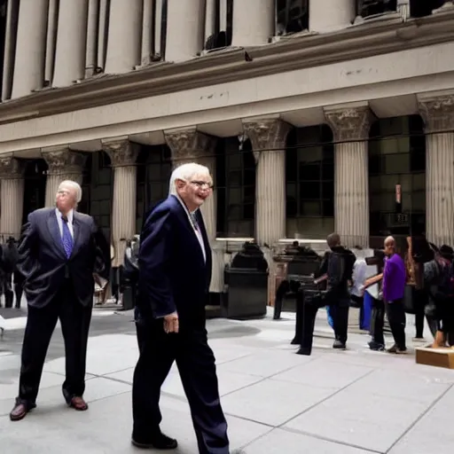 Image similar to warren buffet in thanos body standing outside wall street stock exchange, reality, realistic, detailed, 8 k, award winning, wide shot,