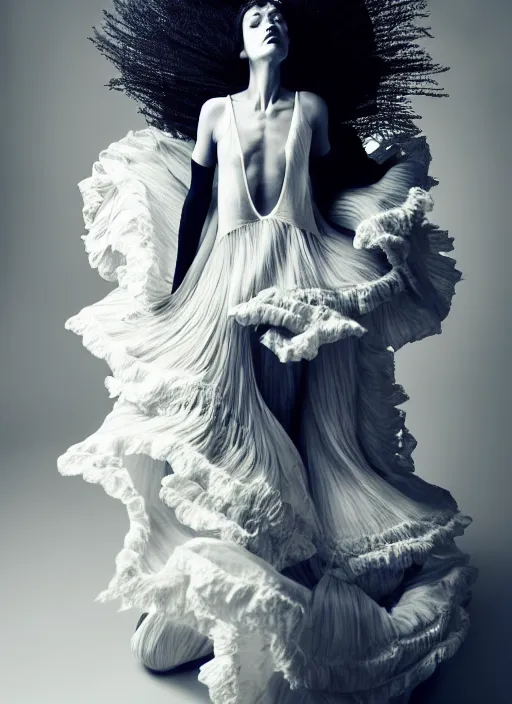 Image similar to a full body portrait of a woman by justin ridler wearing an intricate billowing dress, face in the style of irakli nadar