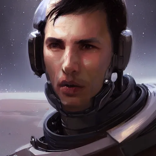 Image similar to portrait of a man by greg rutkowski, he is about 3 0 years old, short black hair with bangs, scared and incredulous, very tall and slender, he is wearing futuristic space gear, highly detailed portrait, digital painting, artstation, concept art, smooth, sharp foccus ilustration, artstation hq