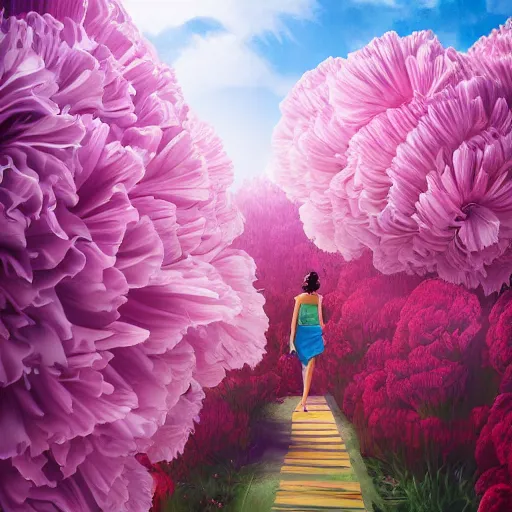 Prompt: huge carnation flower head, woman walking between luxury apartments, surreal photography, sunlight, impressionist painting, digital painting, artstation, simon stalenhag