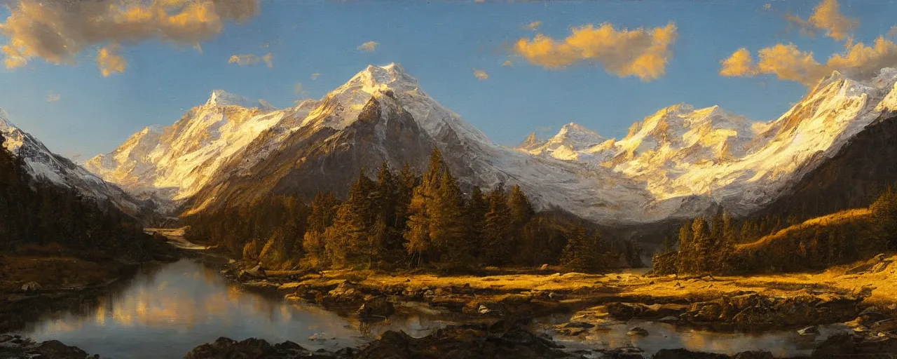 Prompt: A glacier flows through the mountains, golden hour, reflections, clouds, trees, snow, classic painting, award winning, high detail