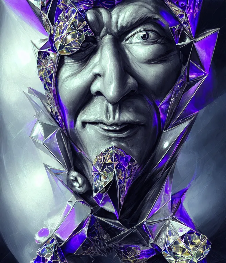 Image similar to front!!! shot of a court jester!!! character, mesmerizing fractal hypercubes, platinum cracked, dark holography!!!, future, metallic galactic, crystalline edges, polygonal, elegant, highly detailed, centered, (((artstation, concept art, jagged, sharp focus, artgerm, Tomasz Alen Kopera, Peter Mohrbacher, donato giancola, Joseph Christian Leyendecker, WLOP, Boris Vallejo))), ((raytracing)), mugshot!!!!!, ugly!!!!!!, octane render, nvidia raytracing demo, octane render, nvidia raytracing demo, octane render, nvidia raytracing demo, 8K, cinematic, masterpiece, fine portrait