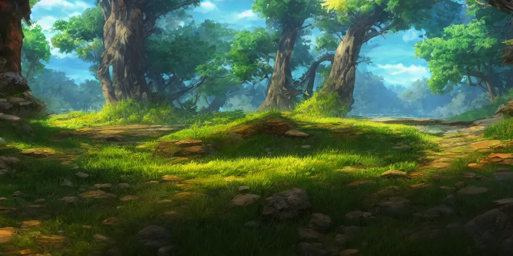 Image similar to beautiful nature environment from genshin impact, game art, in game screenshot, beautiful colors, 8 k, detailed, award winning, popular on artstation, by a famous game concept artist, anime style, nostalgic