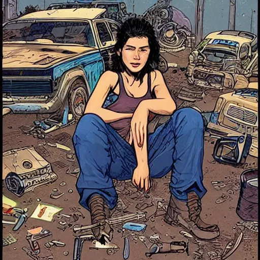 Image similar to “illustration of a tough looking woman sitting in a junkyard. Overalls and tools . Science fiction. Art by Mœbius. Character portrait. Character design. Concept art. Detailed face.”