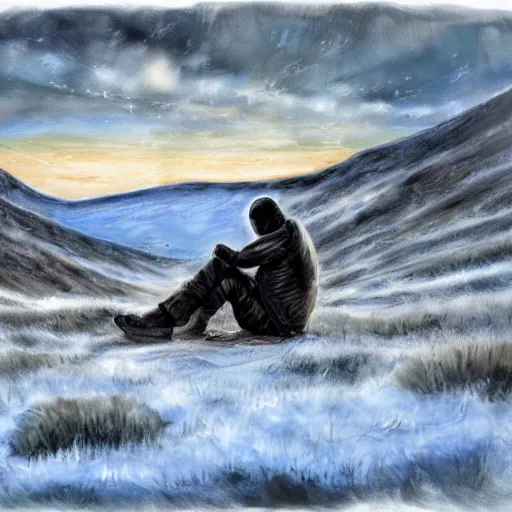 Prompt: a wide shot of a sad sniper laying on a mountain, digital art, acrylic, frost, cold, ice, scared, wind, storm, hiding, gloomy, tired,