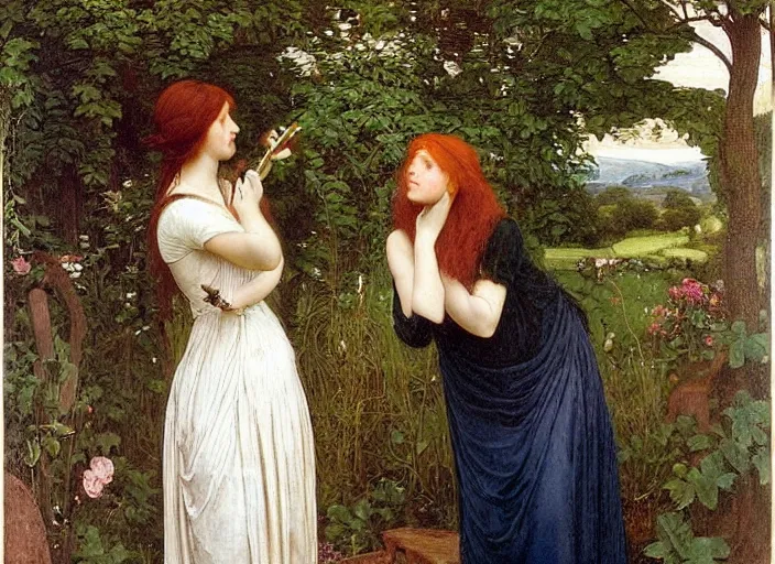 Prompt: a very very very beautiful Pre-Raphaelite painting of two very happy women in a lush garden brushing their hair, by Waterhouse