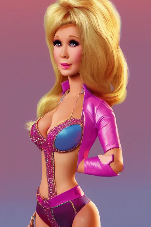 Prompt: i dream of jeannie barbara eden as a barbie doll, vivid colors, high details, cinematic, 8k resolution, beautiful detailed, photorealistic, digital painting, artstation, concept art, smooth, sharp focus, illustration, fantasy background, artstation trending, octane render, unreal engine