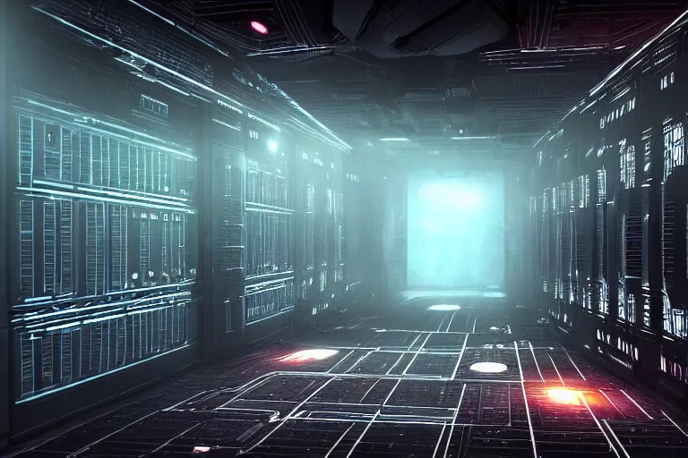 Prompt: a dark vibrant sci - fi rendering of a spacecraft interior, corridor, rows of doors, sparks from ceiling lights in the style of dead space, cinematic,