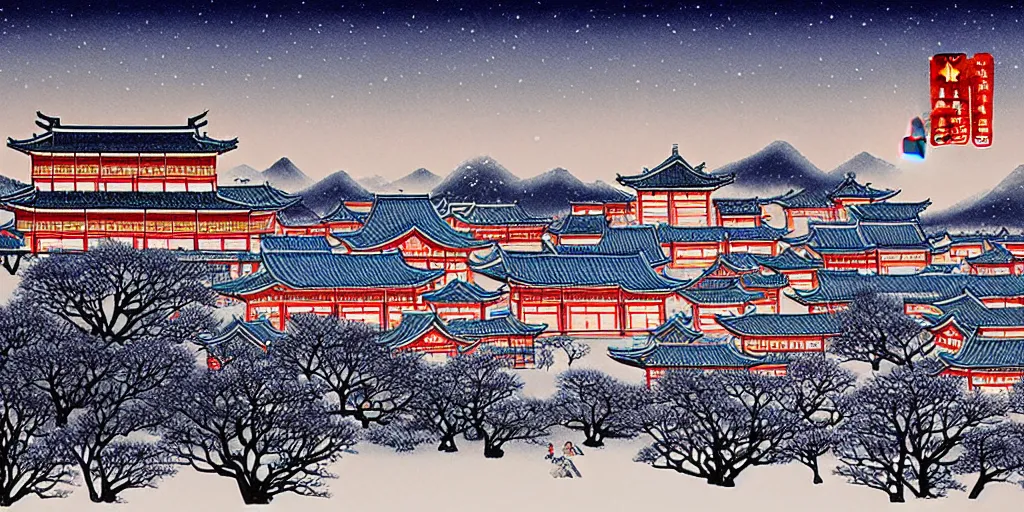 Prompt: chinese town in winter moonnight by hiramatsu reiji and masayasu uchida