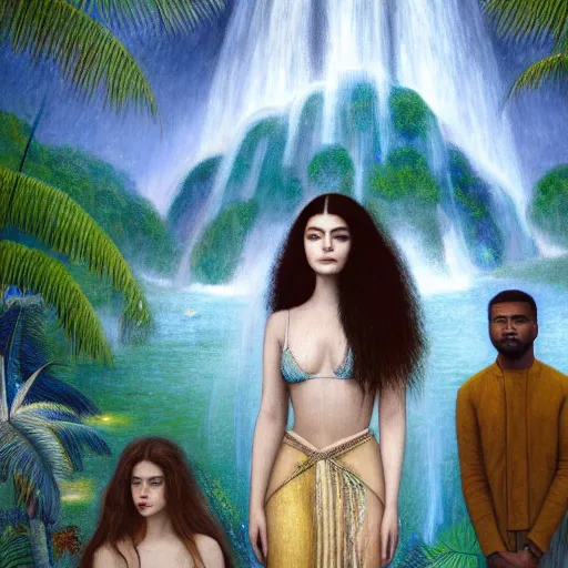 Prompt: a ultradetailed beautiful painting of lorde, frank ocean, the weeknd and lana del rey standing in front of the diamonds waterfall in the amazonas palace balustrade designed by jules bastien - lepage, tarsila do amaral, frank weston and gustave baumann, beach, trending on artstation, mediterranean, palm trees, sharp focus, soft light, 8 k 4 k