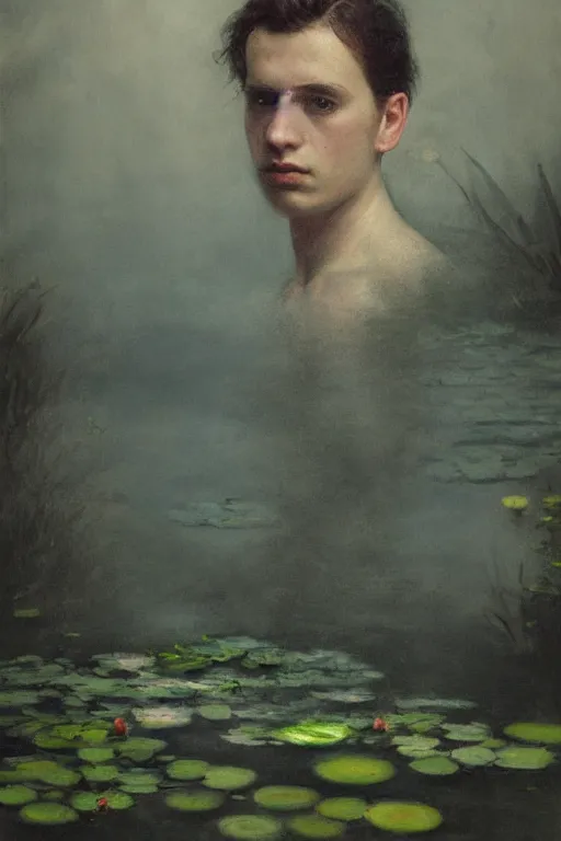 Image similar to detailed cinematic moody colors studio portrait of a young victorian gentleman in a beautiful victorian water pond, water lilies, high quality by jeremy mann, only one head single portrait