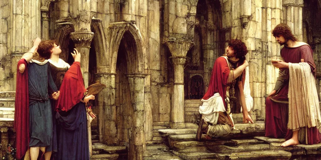 Prompt: film still from the quest for the holy grail in the style of john william waterhouse, frank dicksee, edmund blair leighton, 4 k resolution