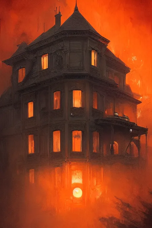 Prompt: A Victorian House of The Void with big orange eyeballs staring out from the windows, Red and Orange colored, Lovecraftian, 4k, masterpiece, cinematic, glowing, by Greg Rutkowski, Trending on Artstation, Behance. Polished. Eldritch