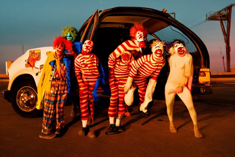 Image similar to 2 0 clowns leaving a clowncar at a california drive in, in 2 0 1 2, cutecore clowncore, bathed in the the glow of the sunset, low - light photograph, in style of tyler mitchell