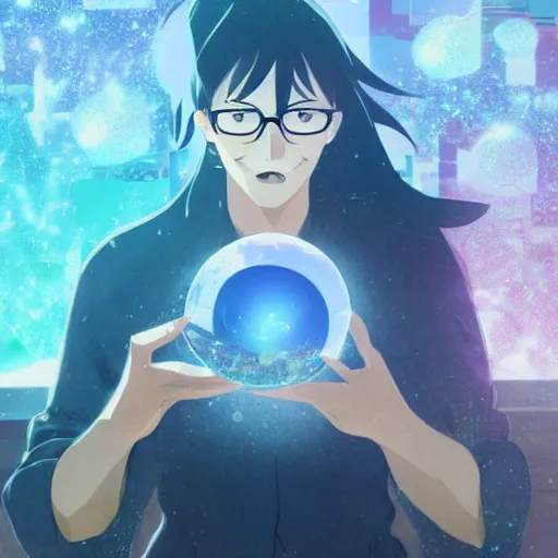 Prompt: a man with his face hidden by hair wearing glasses holds up a crystal ball with mathematical symbols such as integrals, derivatives and greek letters, poster art by makoto shinkai, featured on pixiv, environmental art, official art, anime, movie poster