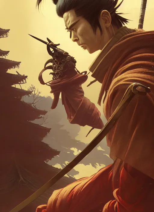 Image similar to highly detailed portrait of sekiro, stephen bliss, unreal engine, greg rutkowski, loish, rhads, beeple, makoto shinkai and lois van baarle, ilya kuvshinov, rossdraws, tom bagshaw, tom whalen, alphonse mucha, global illumination, god rays, detailed and intricate environment