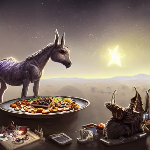 Image similar to zoom out, ultrarealistic, ultradetailed, war donkey eating breakfast, sitting on a futuristic table with aliens, at the end of the universe, very very very ultradetailed, epic fantasy style art, fantasy epic digital art, epic fantasy art, hearthstone style art, pathfinder, dungeons and dragons, floral, planets, stars, galaxies, highlights, organic, concept art