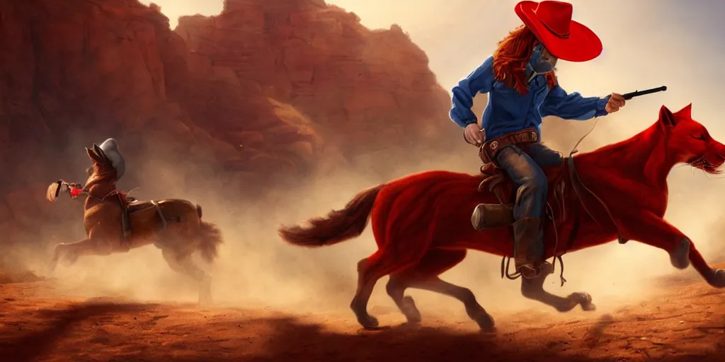 Image similar to a red cat wearing a blue hat while riding a horse and shooting a gun into the air, wild west background, digital art, amazing quality, perfect lighting. Professional design. Great composition. Mind blowing detail. award winning art. impressive colors. trending on artstation.