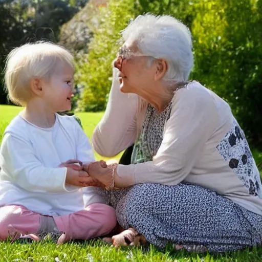 Image similar to white elderly granny sitting next to her white 3 year old baby granddaughter