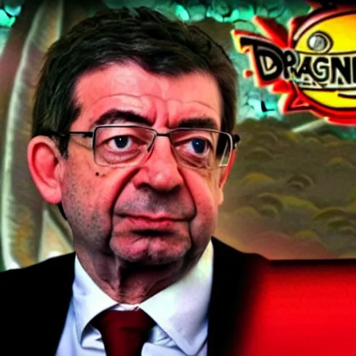 Image similar to A still of Jean-Luc Mélenchon as a character in Dragon Ball Z